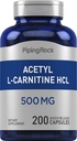 Piping Rock Acetyl L-Carnitine HCL TEN 500 mg ANTE 200 cápsulas de pólvora Silencio no GMO, Gluten suplemento gratis