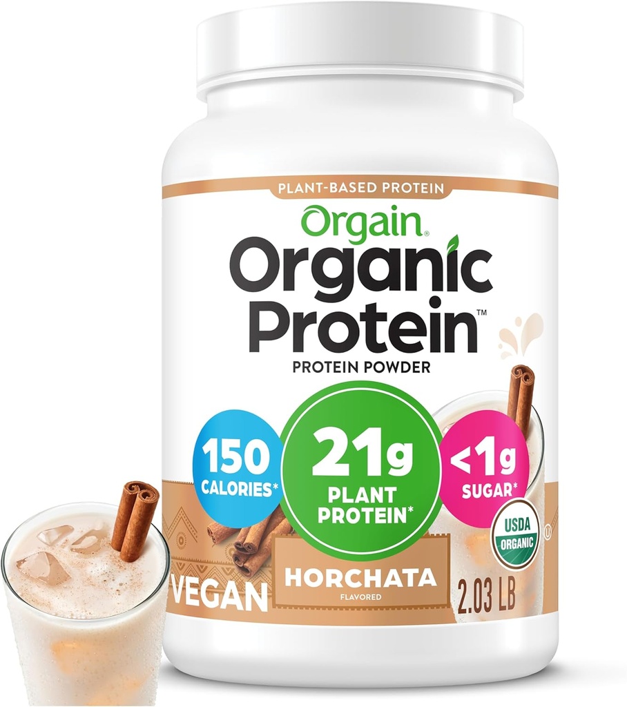 Orgain Orgain Pólvora de Proteína Vegan Orgain, Horchata - 21g Proteína con base vegetal, fibra prebiótica de 9g, carbohidratos bajos, sin ingredientes de lactosa, sin azúcar añadido, no OGM, para sacudidas " Smoothies, 2.03 lb
