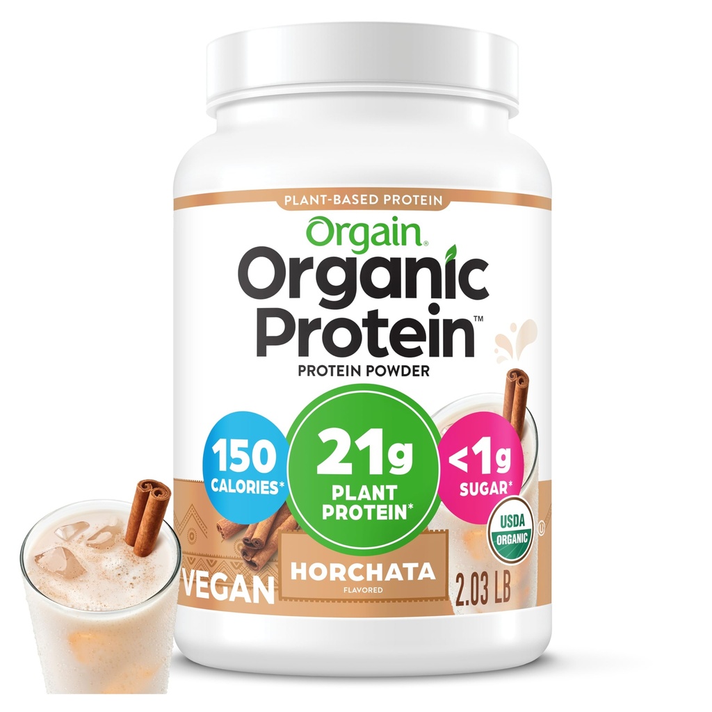 Orgain Organic Vegan Protein Powder, Horchata - 21g Plant Based Protein, 9g Prebiotic Fiber, Low Net Carb, No Lactose Ingredients, No Added Sugar, Non-GMO, For Shakes & Smoothies, 2.03 lb