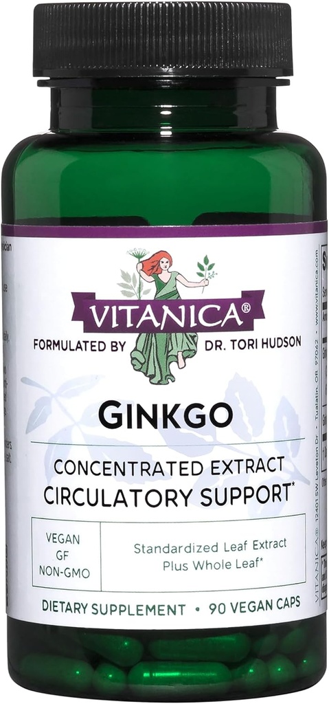 Vitanica Ginkgo - Suplemento de salud cerebral - Apoya la circulación de la sangre en hombres y mujeres - Suplemento herbal que utiliza la hoja de extracción de Ginkgo - Lady - 90 cápsulas