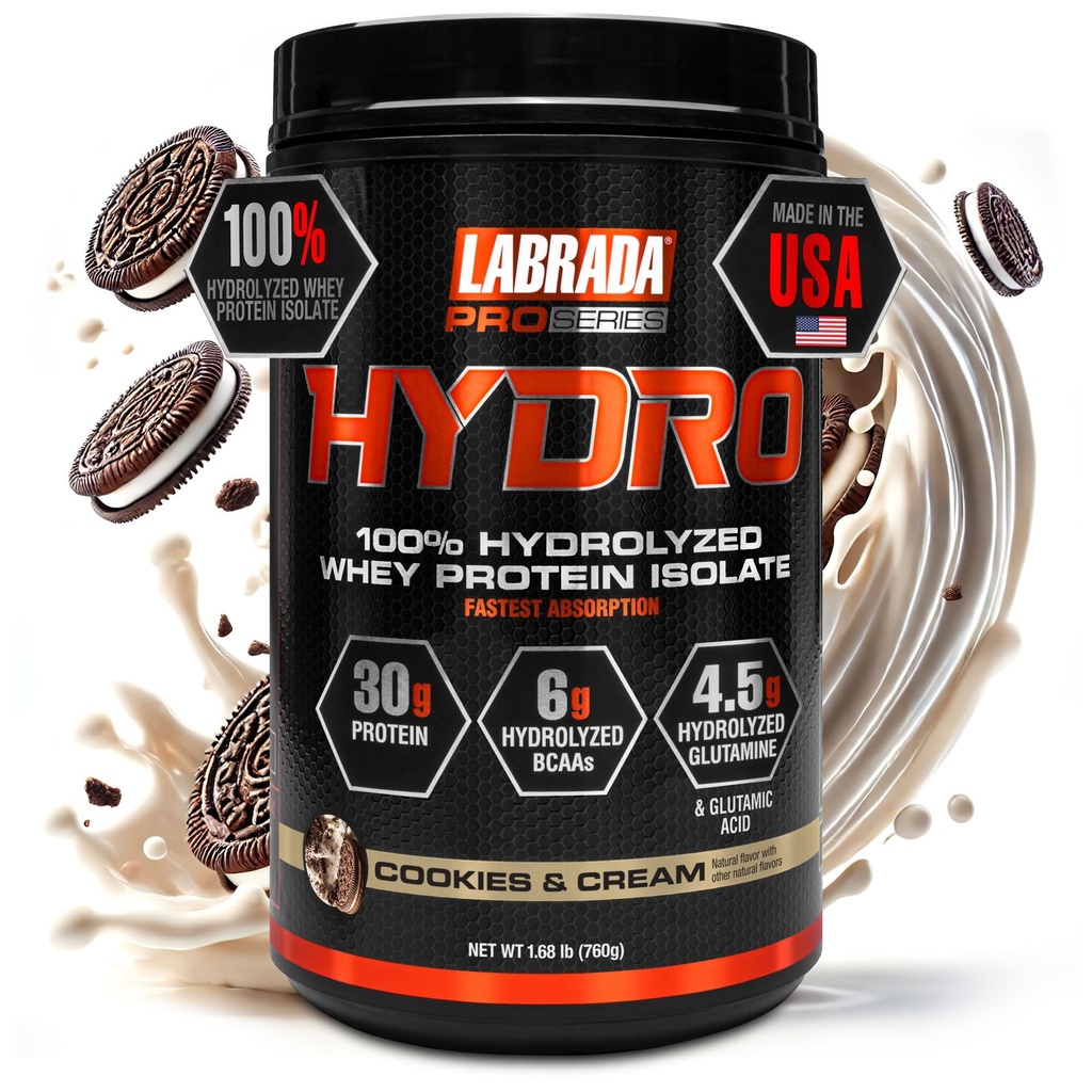 Labrada Hydro 100% Pure Hydrolyzed Whey Protein Isolate Powder, Lactose free, 6g BCAA’s, 4.5g Glutamine, Fastest Digesting Whey Disponible, Mezcla instantánea, Delicious Taste 20 Servings (Cookies &amp; Cream)