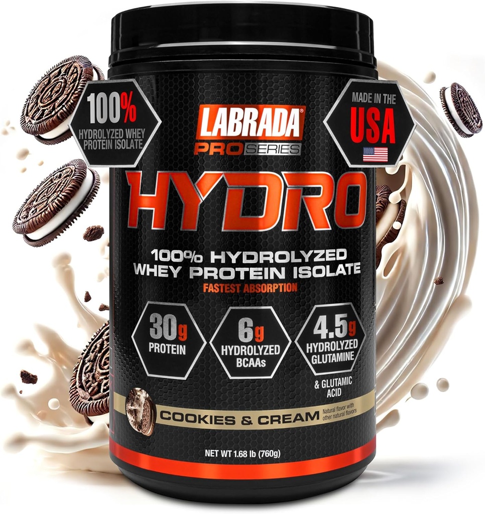 Labrada Hydro 100% Pure Hydrolyzed Whey Protein Isolate Powder, Lactose free, 6g BCAA’s, 4.5g Glutamine, Fastest Digesting Whey Disponible, Mezcla instantánea, Delicious Taste 20 Servings (Cookies &amp; Cream)