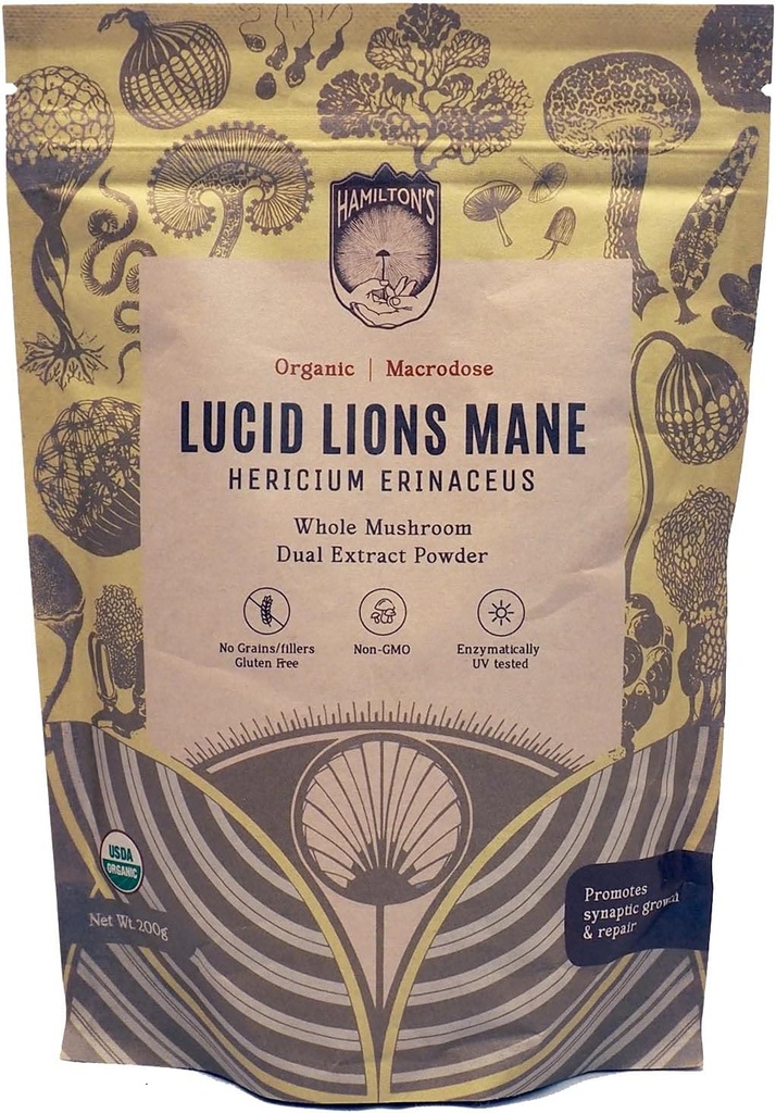 La Mana de León Lucid de Hamilton ← Extract Powder de Mushroom Ecológico para Reparación Sinapsa, Factor de Crecimiento Nerve, Focus, Memory y Concentration TEN High Potency TEN 30% Beta Glucans TEN GF, Non-GMO, Vegan (200g)