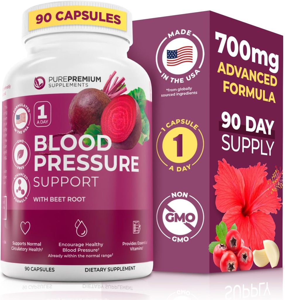 PurePremium Beet Root Capsules for Blood Pressure Support – 700mg Advanced Formula with Beetroot Powder, Hawthorn, Hibiscus &amp; Ajo for Normal Nitric Oxide Production & Heart Health – Non-GMO - 90ct