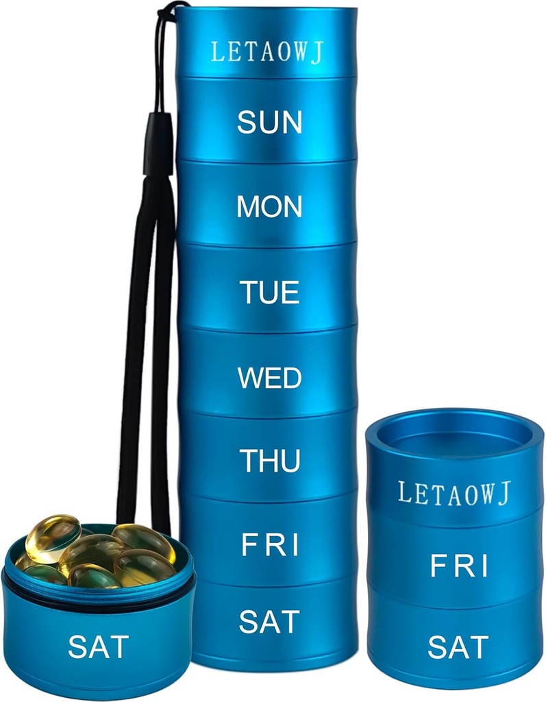 Organizador de píldoras estables semanales de viaje, caja de gran capacidad de la pila de metal de 7 días de la caja de medicina impermeable de la píldora Contenedor de vitaminas Caja de almacenamiento de aluminio para aceite, vitaminas, pastillas y suplementos