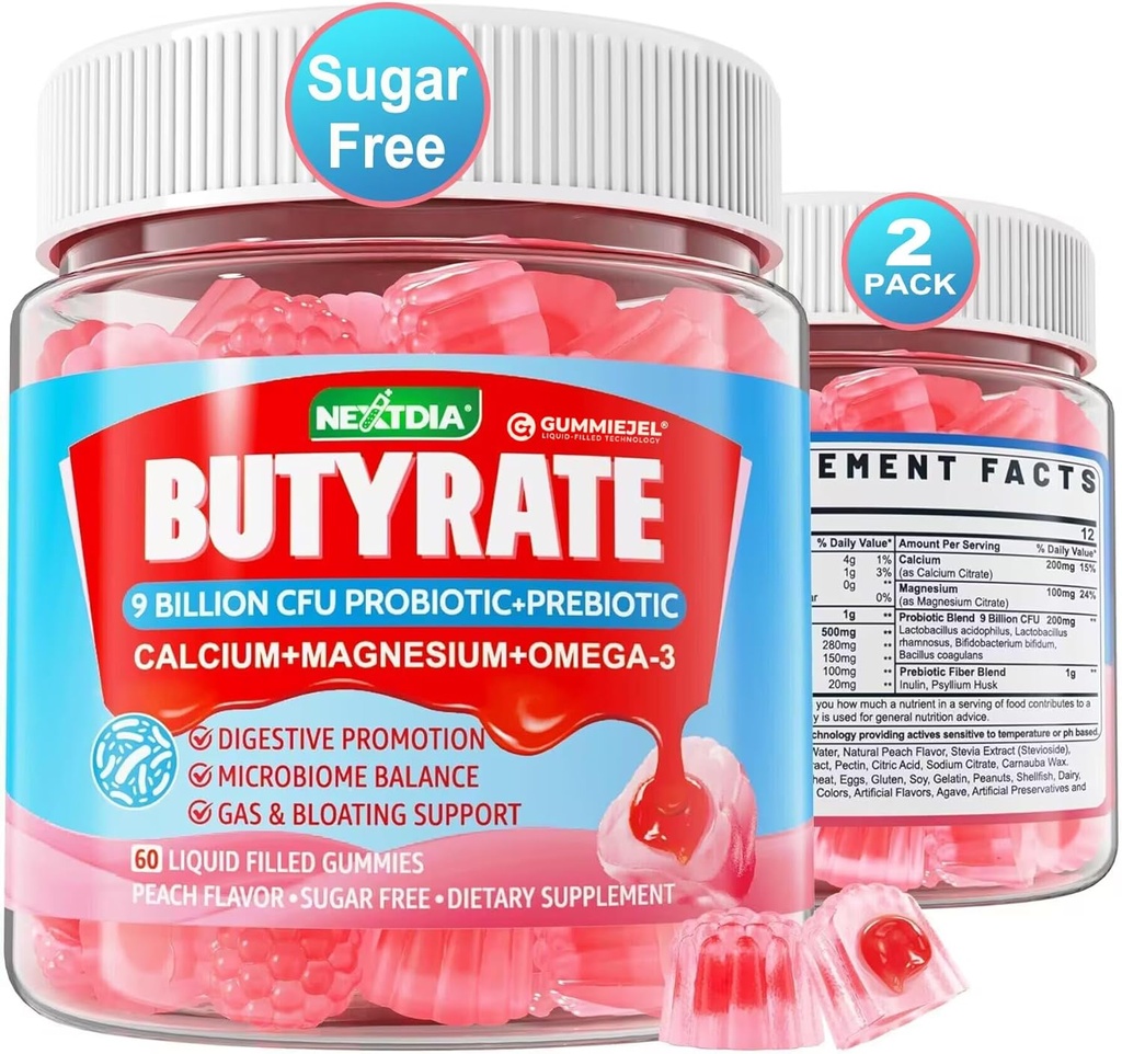 Butyrate Gummies with Probiotic + Prebiotic + Postbiotic, Omega-3 500mg,9 Billion CFU Probiotics with Fiber, Calcium &amp; Magnesium, Inulin,Psyllium Husk for Digestive Health,Bloating Support,Sugar Free