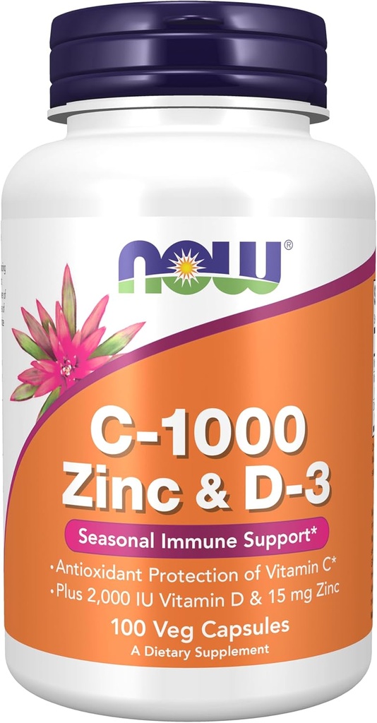 AHORA Suplementos, C-1000 Zinc " D-3, Apoyo estacional de inmunodeficiencia*, 100 cápsulas Veg