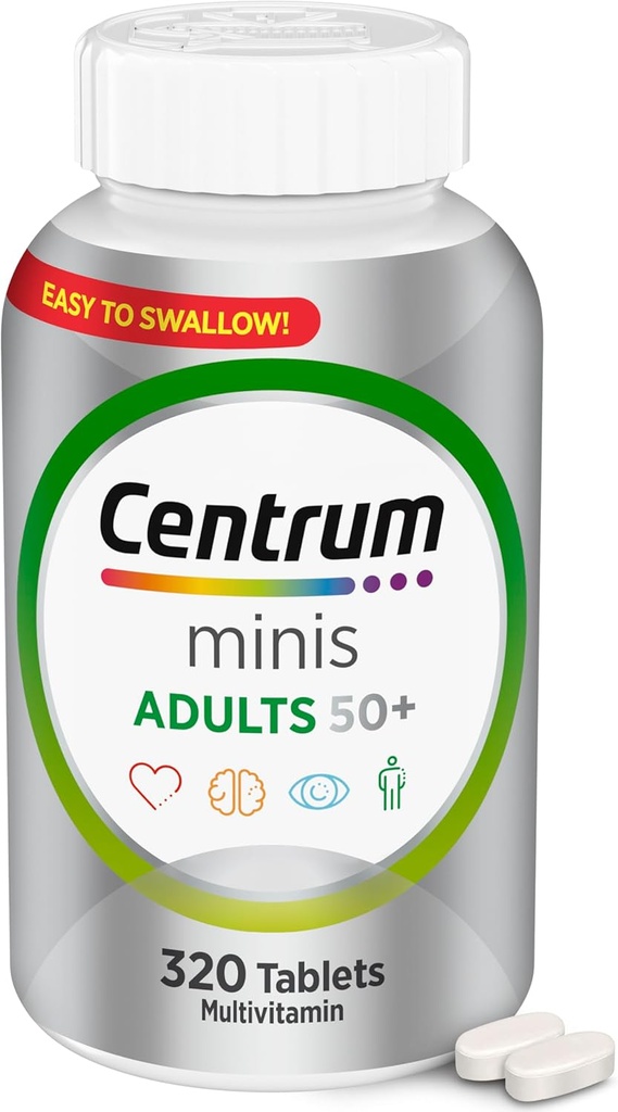 Centrum Minis Mesa multivitamínica de plata para adultos 50 Plus, Suplemento multimineral, Vitamina D3, B-Vitamins, Gluten Free, No GMO Ingredientes, soporta memoria y cognición en adultos mayores - 320 Ct