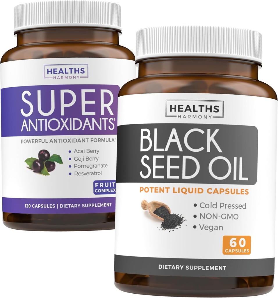 Antioxidantes " Black Seed Oil (1-Month Supply) Super Antioxidant Suplemento con Acai Berry, Goji Berry, Pomegranate " Trans Resveratrol (120 cápsulas) " Black Seed Oil (No-GMO " Vegan) 60 cápsulas