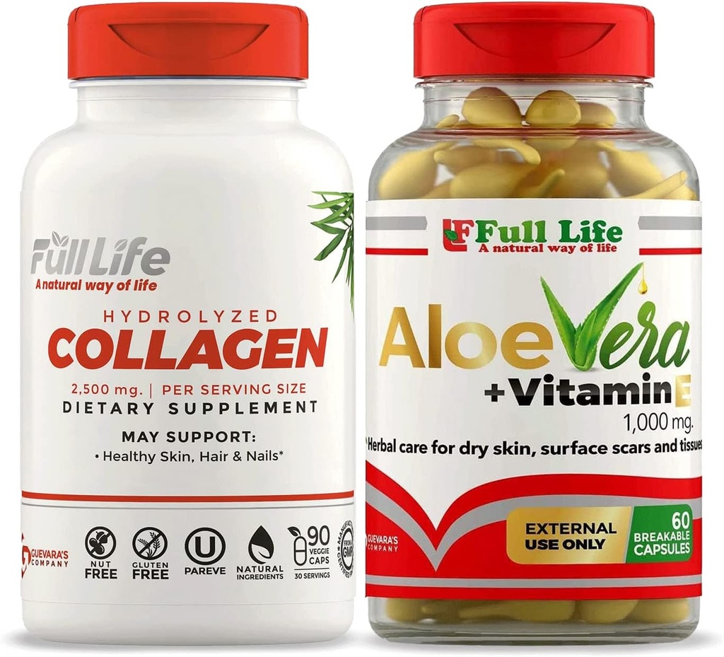 Suplemento de Collagen Hidrolyzed Life - Bovine Collagen Pills 90 Capsules y Aloe Vera con cápsulas de vitamina E para la piel - hidratante hidratante hidratante facial - 60 cápsulas Breakable