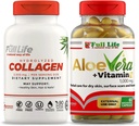 Suplemento de Collagen Hidrolyzed Life - Bovine Collagen Pills 90 Capsules y Aloe Vera con cápsulas de vitamina E para la piel - hidratante hidratante hidratante facial - 60 cápsulas Breakable