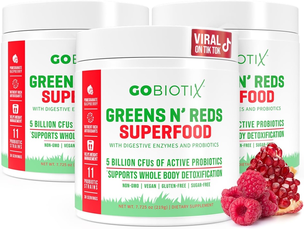 GOBIOTIX Super Verdes y Rojos Polvo - Superalimentos Rojos y Verdes - Suplemento Probiótico - Enzimas Digestivos y Polvo de Hoja - Suplemento dietético Orgánica Total de Alimentos (Pom Raspberry, 3 Pack)