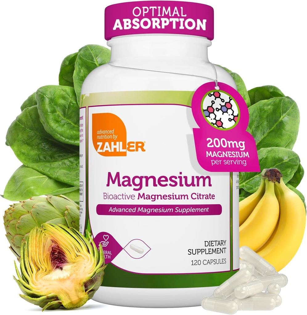 Zahler - Suplemento de magnesio cápsulas 200 mg (120 Conde) Citrato de magnesio bioactivo de Kosher para Max Absorción - Magnesio natural mineral para hombres y mujeres - Mejores suplementos de magnesio