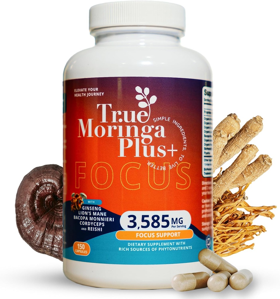 Auténtica Moringa Plus+ Apoyo en foco Suplemento 10:1 Extracto Silencioso 20,000 mg de Moringa Orgánica, Reishi, Cordyceps, Mane de León, Ashwagandha, Bacopa Monnieri  permanente Memoria " Salud cerebral para adultos (150 cápsulas)