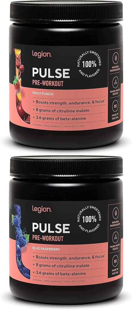 LEGION Pulse Pre Workout Supplement - All Natural Nitric Oxide Preworkout Drink to Boost Energy, Creatine Free, Naturally Sweetened, Beta Alanine, Citrulline, Alpha GPC (Fruit Punch &amp; Blue Raspberry)