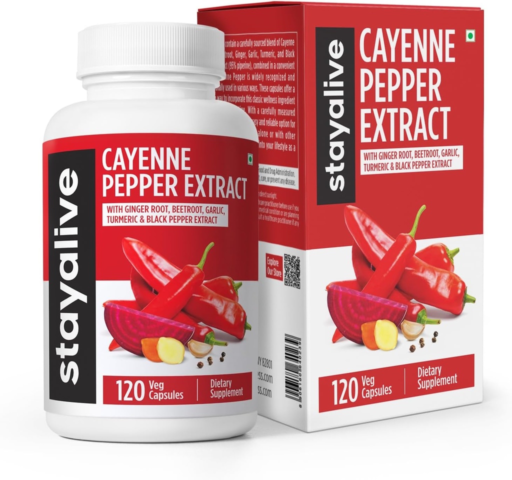 StayAlive Cayenne Pepper Capsules 960mg Super Extract with Ginger, Garlic, Turmeric, Beet Root, Black Pepper, 120 Cayenne Capsules, Support Cardiovascular &amp; Immune System, Capsaicin Suplemento Pills