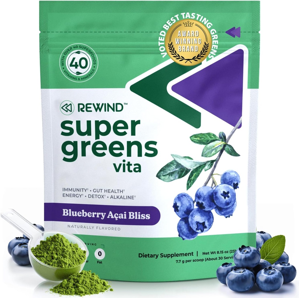 Mejor mezcla de Super Verdes Polvo con 40+ Superalimentos – Delicious Daily Green Powder con vitamina B12, zinc, vitamina C, magnesio y calcio – Green Juice Superfood Mix - Blueberry Acai Flavor