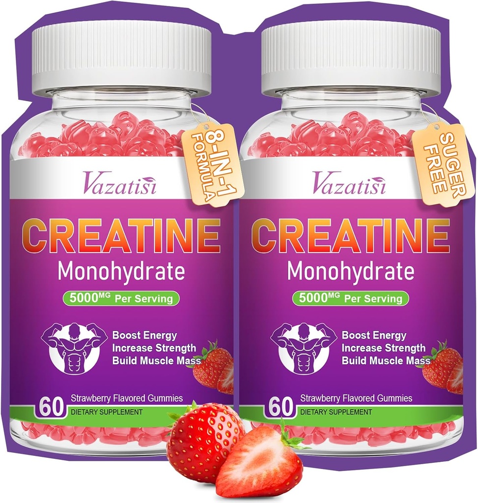 2 Pack Creatine Monohydrate Gummies for Women &amp; Men, Sugar Free Vegan Creatine Supplement for Build Muscles, Increase Energy & Strength, Natural Strawberry Flavor, 120 Conde