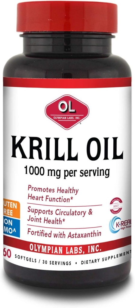 Olympian Labs Antarctic Krill Oil, 1000mg Caps with Astaxanthin, Omega-3, EPA, DHA, Immune, Joint &amp; Brain Support, 60 Softgels