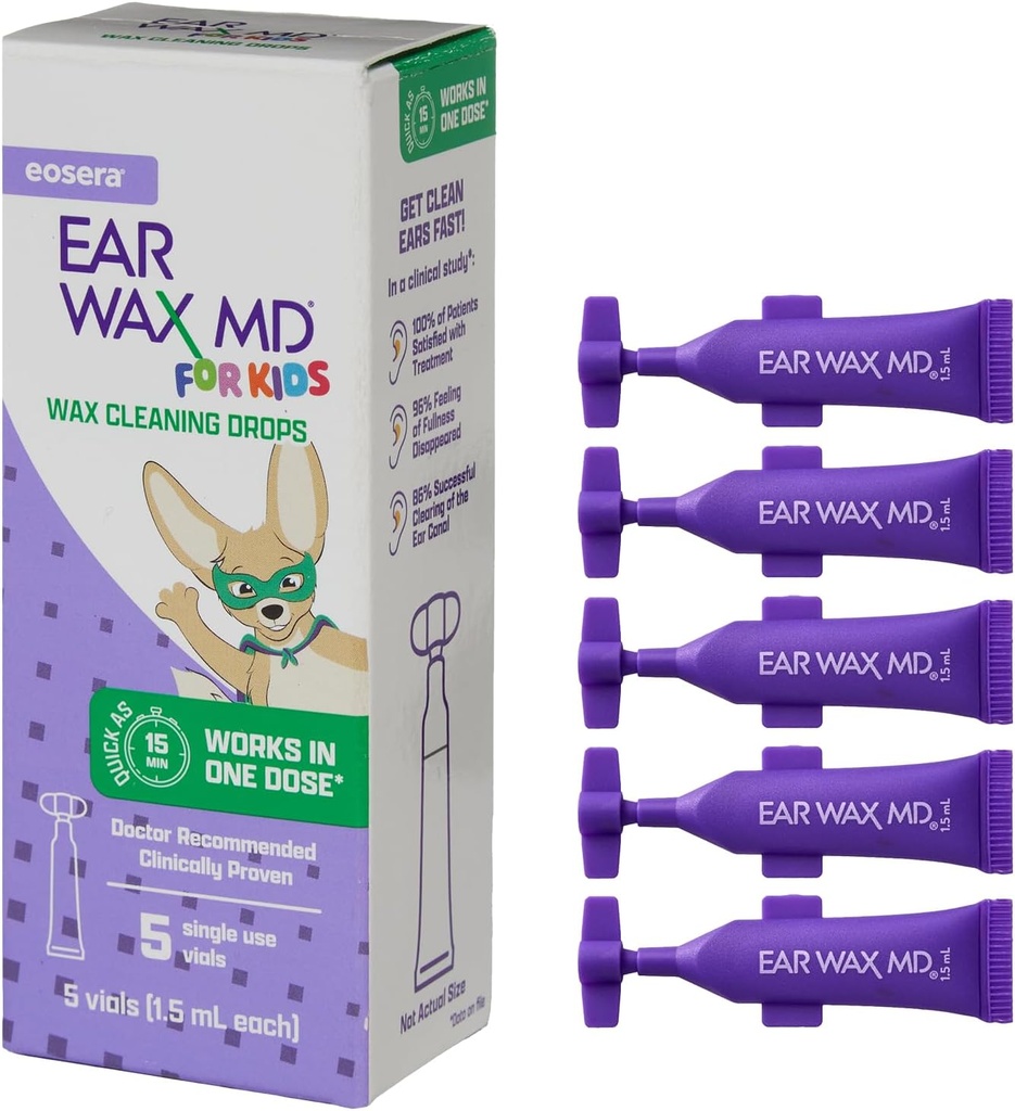 eosera® Ear Wax MD® for Kids - Ear Wax Cleaning Drops, 5pk Vials TEN Fast-Acting ¦ Breaks Down " Dissolves Ear Wax in as Little as 1 Treatment confidencialidad Provención clínicamente " Safe I for Kids Age 2+