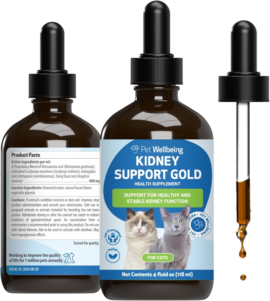 Apoyo para el bienestar de mascotas Oro para gatos - Soportes Función sana del riñón, Equilibrio fluido, Niveles de energía, Rehmannia, Dong Quai - Suplemento herbal regulado veterinario 4 oz (118 ml)