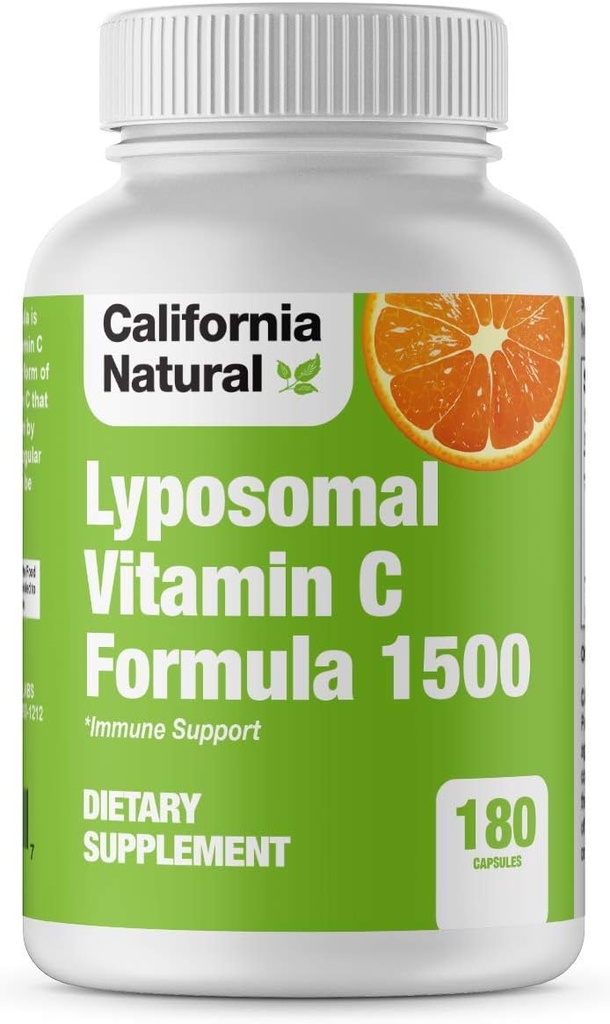 California Natural Liposomal Vitamina C 1500mg Fat Soluble Complejo Liposomal Vitamina C, Alta Absorción, Apoyo Inmunitario, Alta Biodisponibilidad Soporte Colágeno, Suplemento Antioxidante - 180 cápsulas
