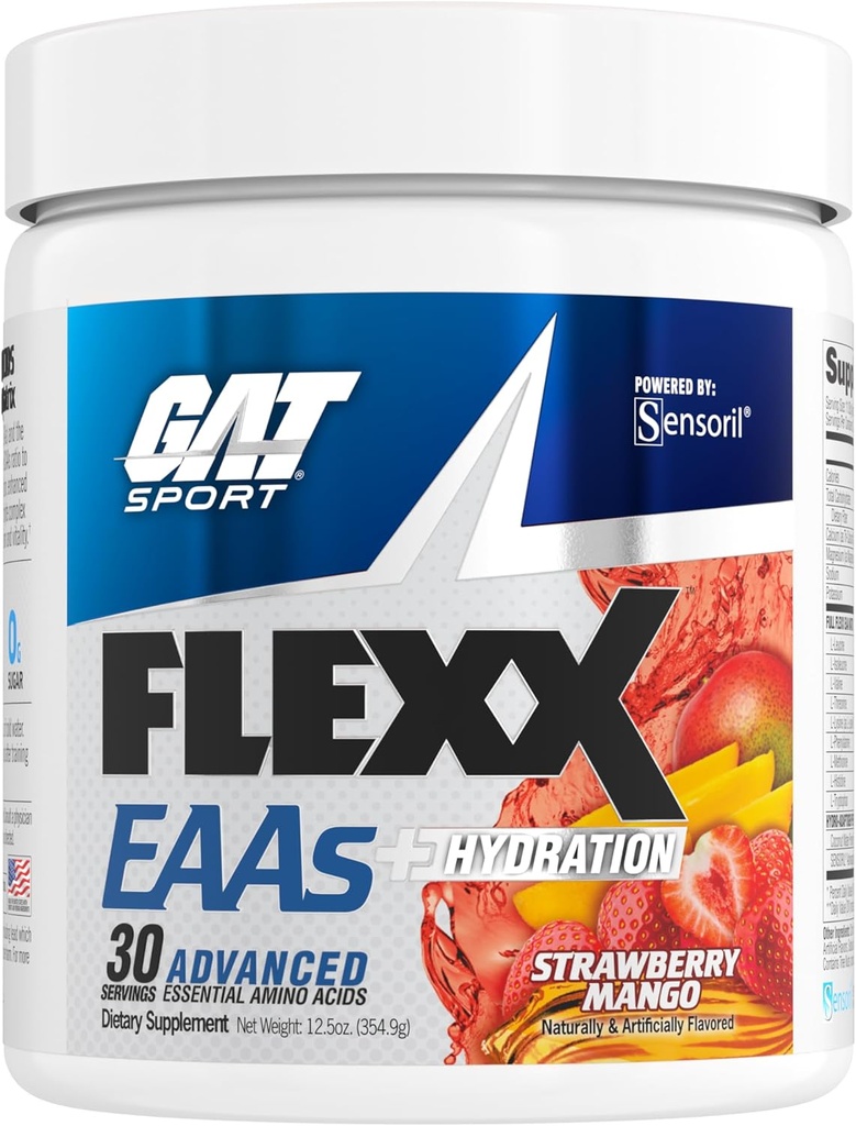 GAT SPORT Flexx EAAs + Hidratación, Aminoácidos esenciales avanzados, 30 Servimientos (Mango de fresa)