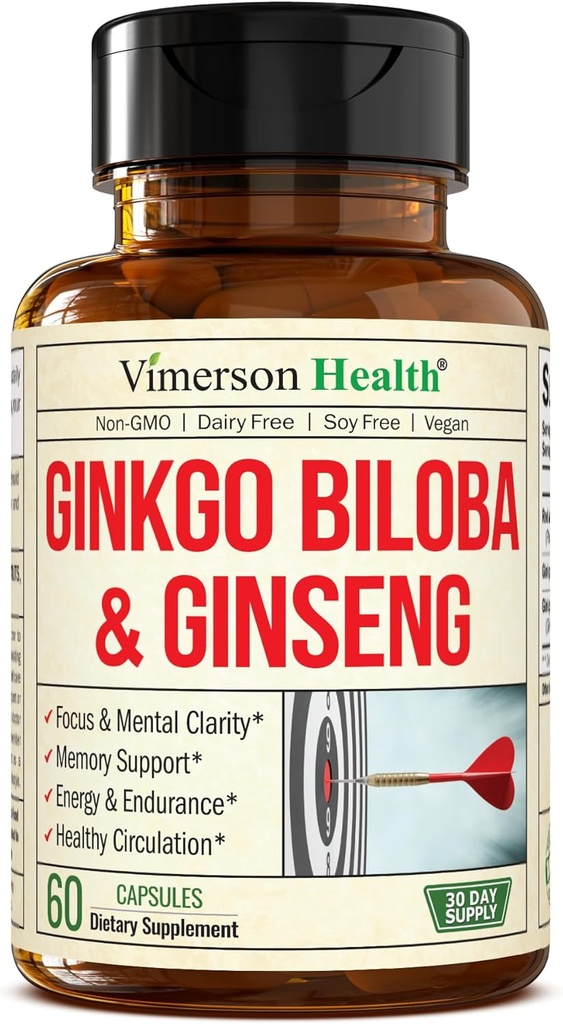 Asian Ginseng and Ginkgo Biloba Supplements – Panax Ginseng Extract 700mg + Ginko Biloba 720mg – Nootropic Brain Supplement for Memory, Focus & Sustained Energy – 60 Easy-to-Swallow Capsules