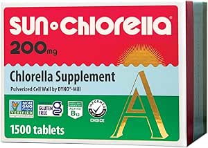 Sun Chlorella 200 mg Green Algae Superfood Supplement - Pulverized Cell Wall - Chlorophyll, CGF, Active B12, Iron, Protein - Non-GMO - 1500 Cuadros