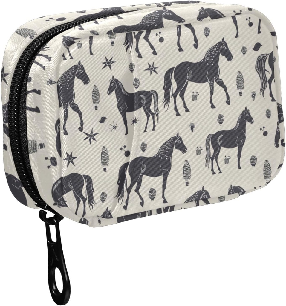 Fustylead Black Horse Silhouette y varios elementos de decoración Pill Organizer for Purse, semanal caja de píldoras portátiles con cremallera para almacenar vitaminas Aceites de pescado Suplementos