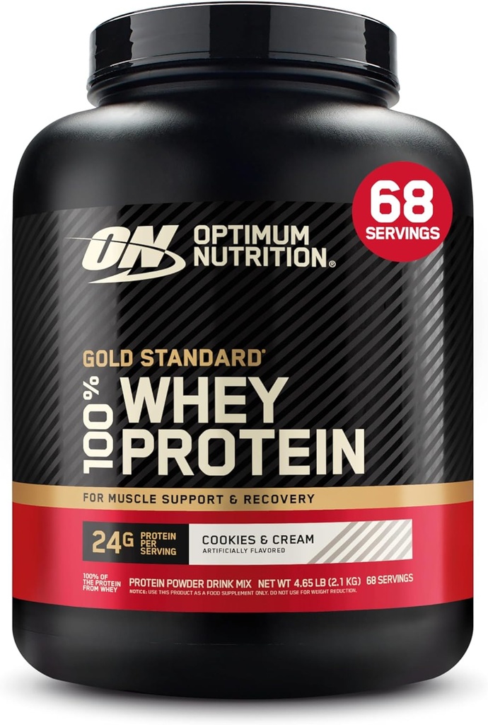 Optimum Nutrition Gold Standard 100% Whey Protein Powder, Cookies &amp; Crema, 5 libras (paquete mayo Vary)