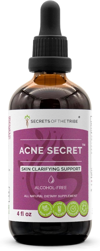Secretos del Tribe Acne Secreto Extracto libre de alcohol, Tintura, Boldo de glicerito, Seda de maíz, Hoja de hervidor picante, Alfalfa, Hoja de Sena. Soporte de aclaración de piel (4 Fl Oz)