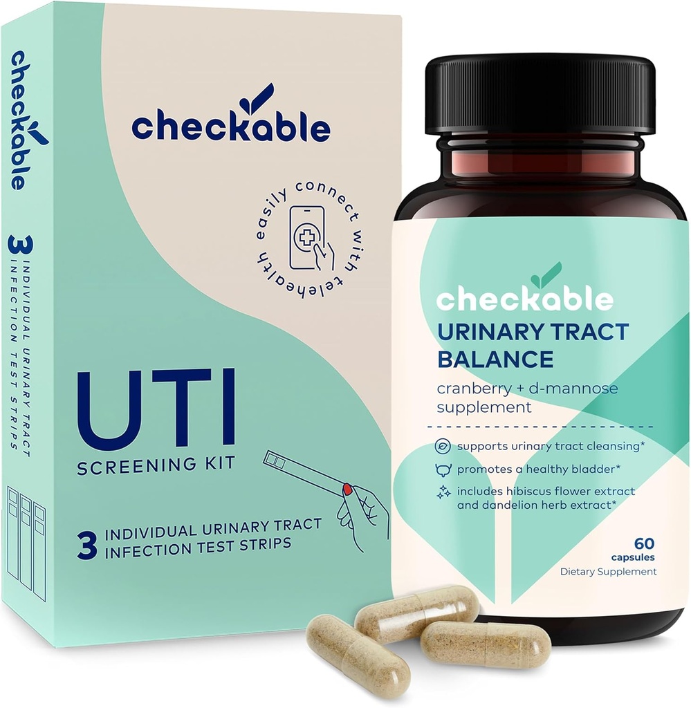 Chequeable® Urinary Tract Infection Screening Strips (3ct) and Checkable D-Mannose UTI Suplementos (60ct) Combo Pack
