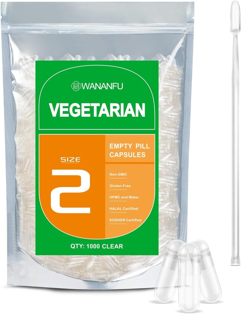 wananfu Tamaño 2 Empty Capsules Vegetariano (500 Conde) Agrupo con 2 cucharas de laboratorio, Cucharillas de verduras limpias Tamaño 2 para hacer sus propios suplementos