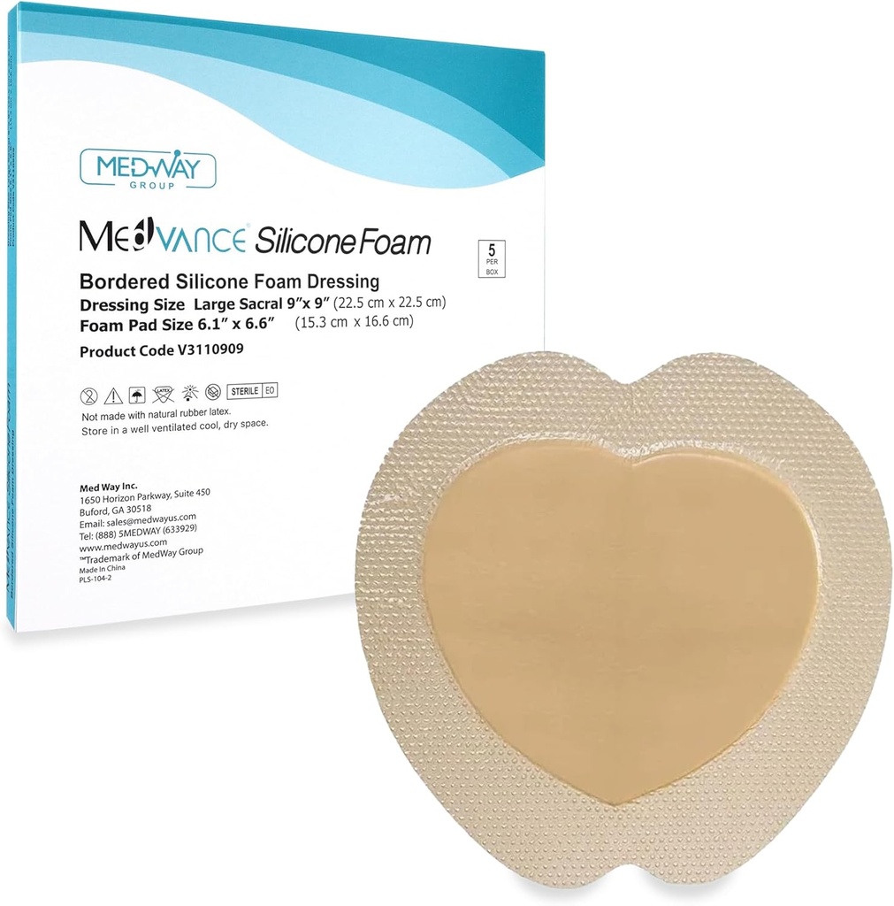 MedVance TM Silicona - Sacral Fronterizo Silicona Adhesivo Foam Vestir, Tratamiento de la cama Bandage para Sacrum, Tamaño 9"x 9" (6.1" Pad x 6.6" Pad), Caja de 5 apósitos
