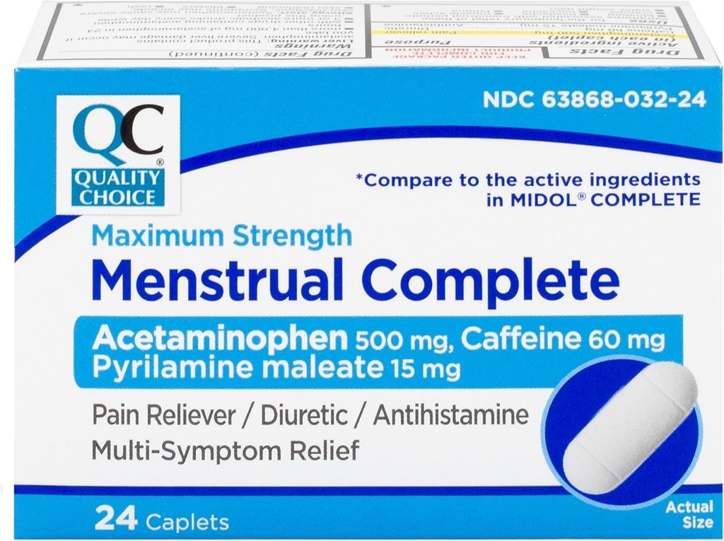 Calidad Elección Menstrual Completa Max Strength Period Doin Relief, 500 mg de Acetaminophen, 60 mg de Caffeine, 15 mg de Pirilamina Maleate, Calambres, Bloating, Headache. 24 Cuenta.