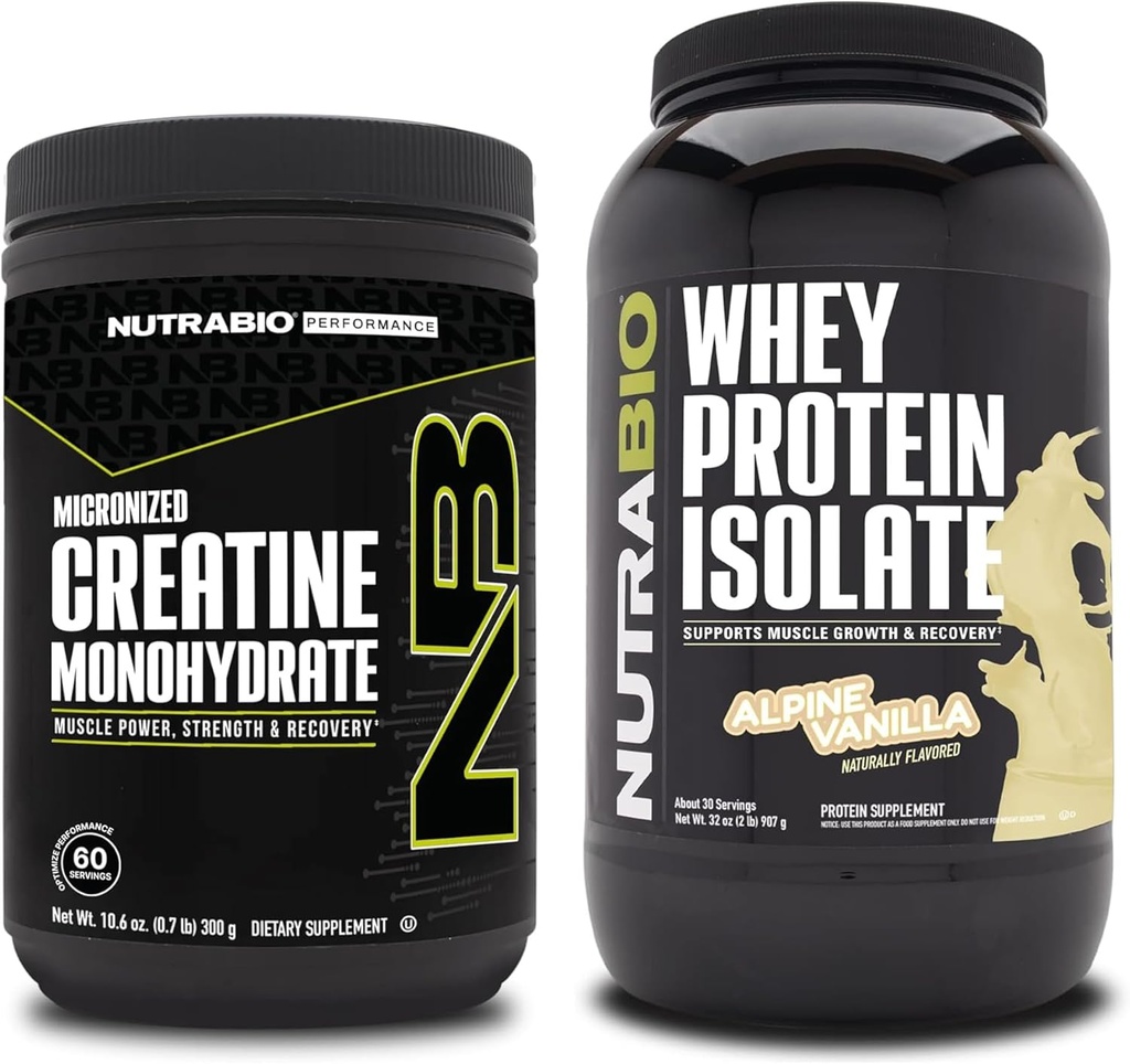 NutraBio Creatine Monohydrate, Desflavorado, 300g y Whey Protein Isolate, Alpine Vanilla, Suplemento Bundle - Muscle Energy, Lean Muscle Growth, Recovery, and Strength