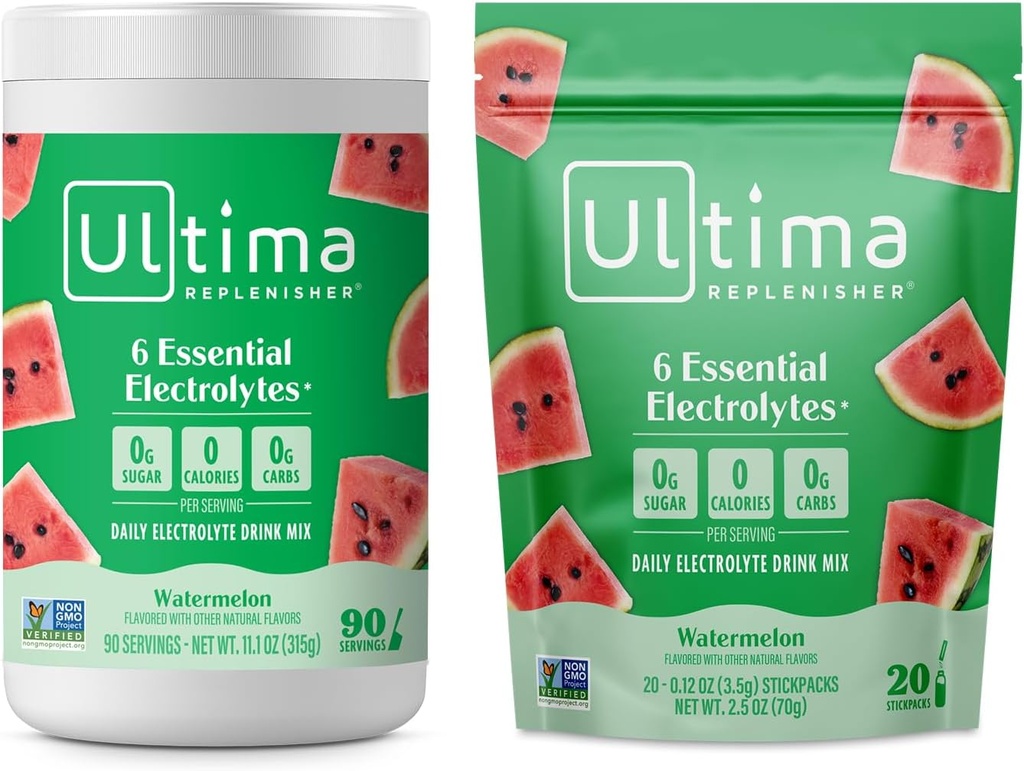 Ultima Replenisher Electrolyte Powder Drink Mix Bundle – Sugar Free – Watermelon, 90 Serving Canister y 20 Stickpacks – 6 Electrolytes and Minerals – Keto Friendly, Vegan, Non-GMO