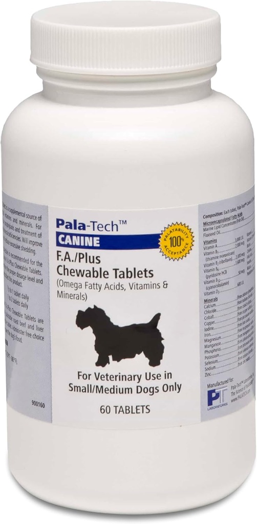 Pala-Tech FA Plus Chew Tabs for Small Dogs - Supports Skin, Coat &amp; Allergy Relief - Dog Vitamins and Supplements with Omega-3 &amp; 6 Fatty Acids - 60 Ct, Roast Beef Flavor