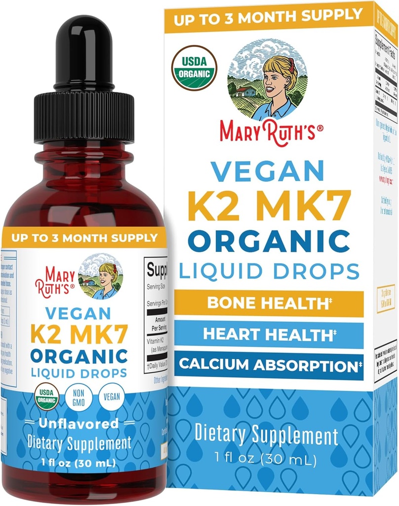 MaryRuth Organics USDA Organic Vitamin K2 MCT Liquid Drops for Adults &amp; Kids TEN 100 mcg K2 MK7 per serving + Organic MCT Oil TEN Vegan K2 Vitamin for Bone Health ← Heart Health TEN Calcium Absorption Silencio 1oz