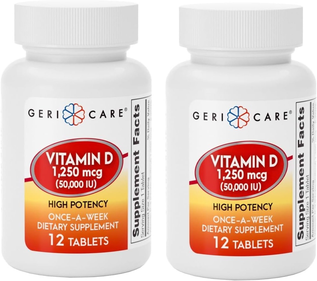 GeriCare Vitamina D 1.250mcg (50.000 UI) High Potency, Supports Bone Density, Muscle Health, Immune Function, and Calcium Absorption, Once-A-Week Dietary Supplement, 12 Count (Pack of 2)