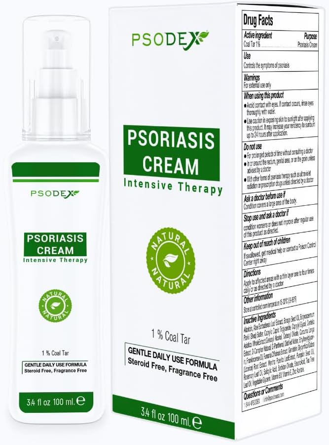 Crema de Psoriasis PSODEX – 3.4fl oz Tratamiento de Psoriasis Topical con Tar de carbón, Ácido salicílico, Aceite de Té, Aloe Vera – Ingredientes All-Natural – Soothing and Moisturizing Coal Tar Psoriasis Cream
