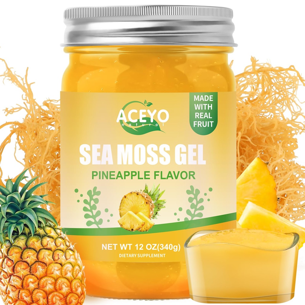 ACEYO (12 OZ Irish Sea Moss Gel Raw Vegan Pineapple Flavor 102 Vitamins and Minerals Wild Harvested Non-GMO Immune Defense Booster Thyroid Digestive Support