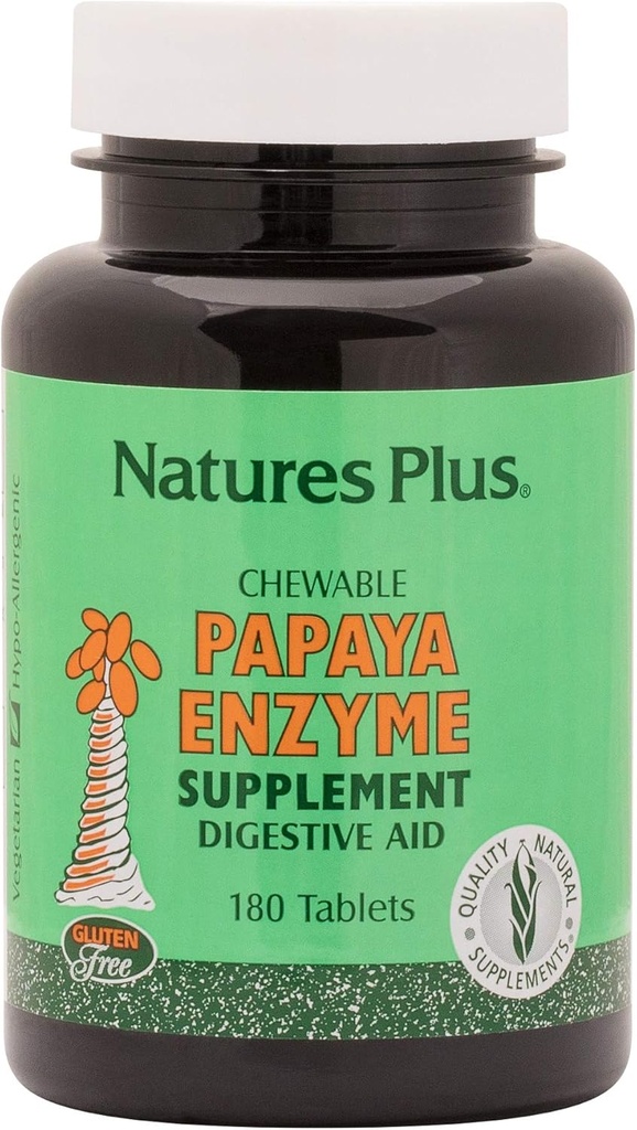 Natures Plus Papaya Enzyme - 6 mg Papain - All Natural Digestive Aid Supplement, Contains Amylase " Protease - 180 Chewable Tablets (180 Servings)