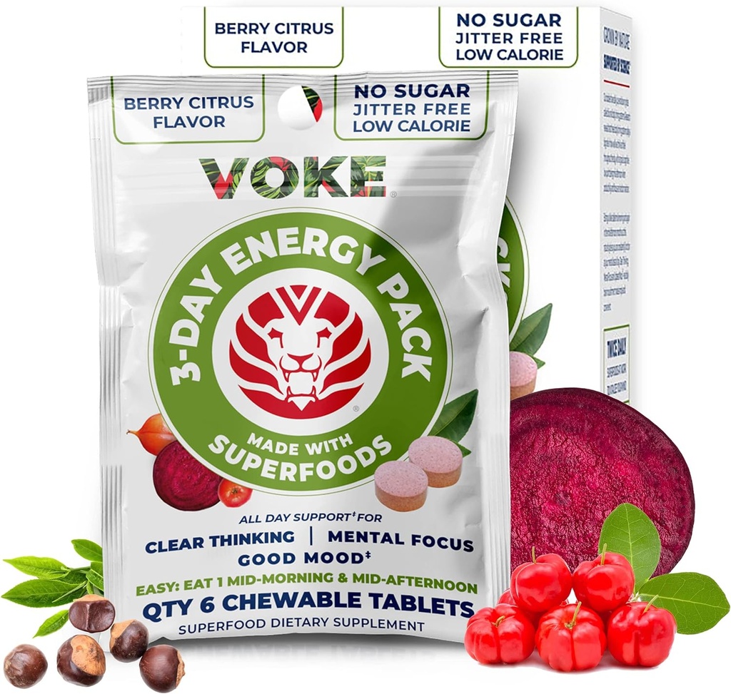 Tablas de energía de Voke - Tablas Superalimentos de enfoque rápido Superalimentos Chewable, Pocket Portable, Embalaje Resealable, Vitamina C, Apoyo Concentración de memoria de enfoque Pensamiento claro y Buen Mood. 30 Cuenta (Pack of 5)