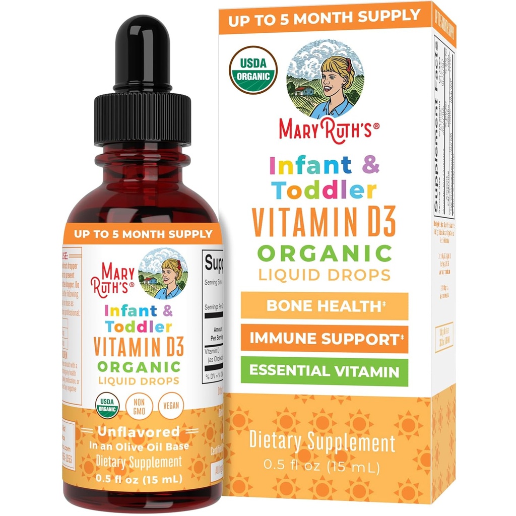 MaryRuth Organics USDA Organic Vitamin D Drops ← Vitamina D3 Liquid TENIDO Sugar Gratis TENIDO Vitamina D Drops Immune Support for Infants &amp; Toddlers TEN VIT D3 TEN Gluten Free ← Non-GMO TEN 90-150 Servings