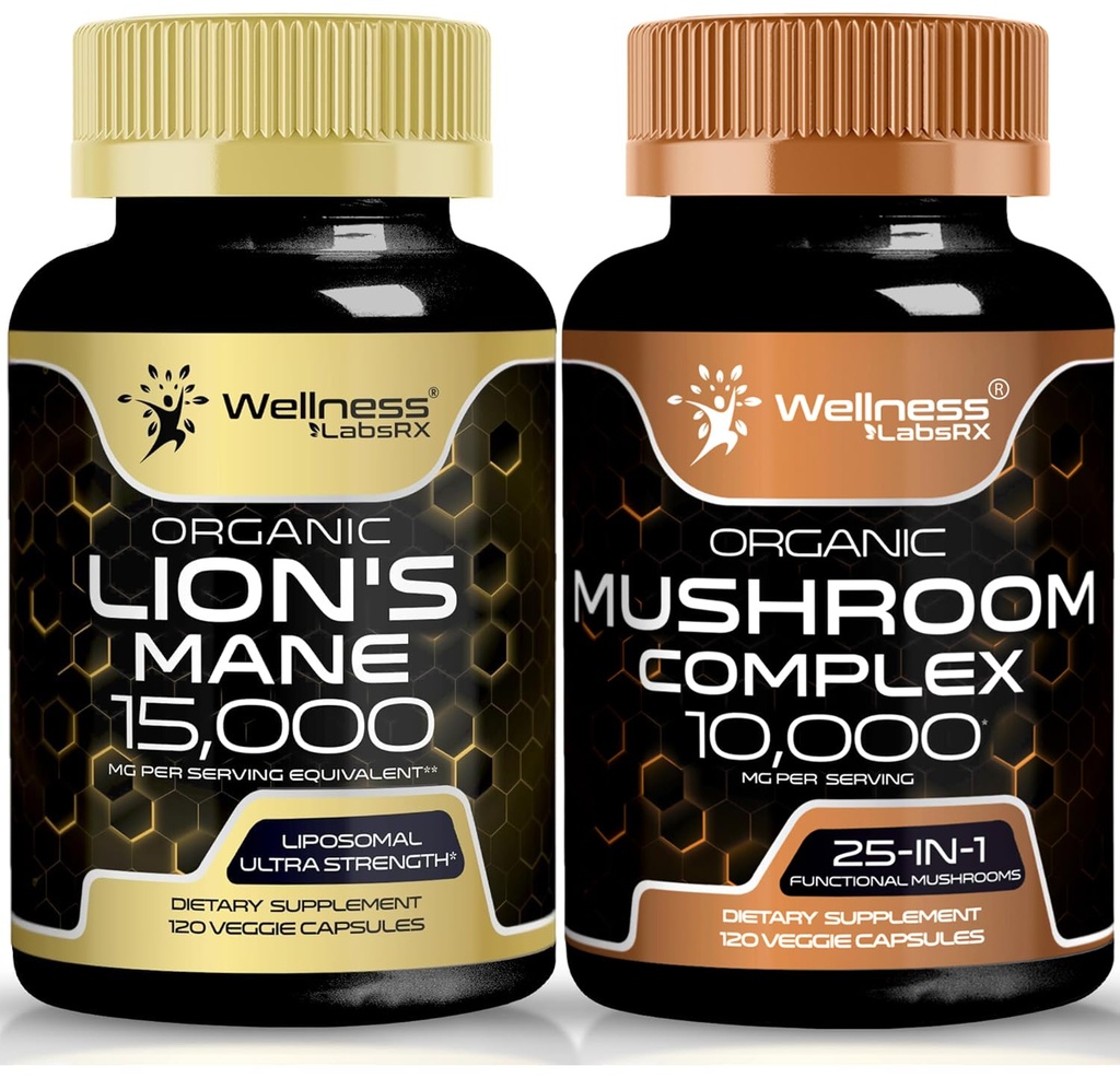 WELLNESS LABSRX Lions Mane suplemento cápsulas y capas de baño