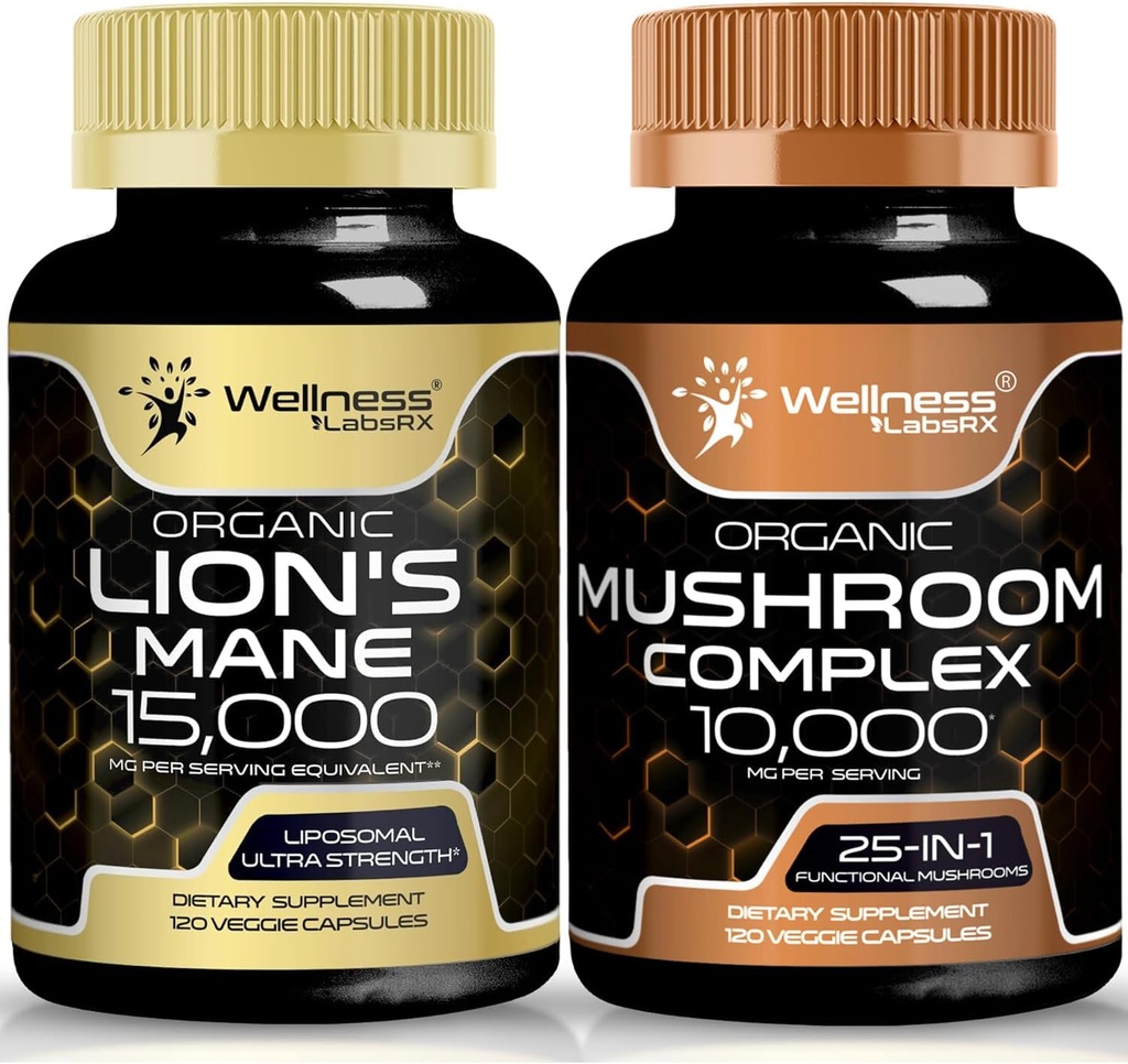 WELLNESS LABSRX Lions Mane suplemento cápsulas y capas de baño