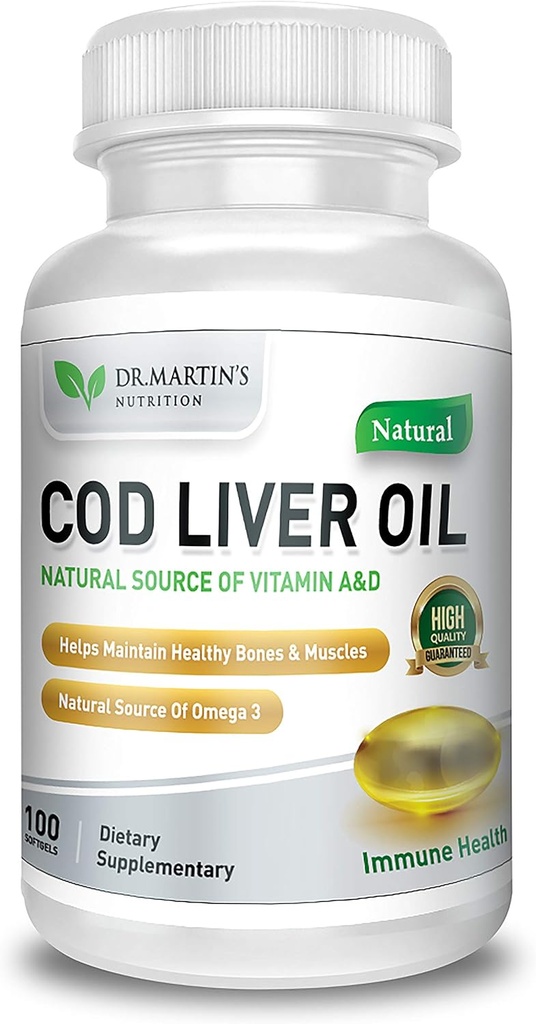 Burpless COD Liver Oil | 100 Softgels | Natural Source of Omega 3 Fatty Acids EPA & DHA | Vitamin A & D | Support Brain, Heart, Eye & Immune Health For Joints, Bones & Muscles Supplement No AfterTaste