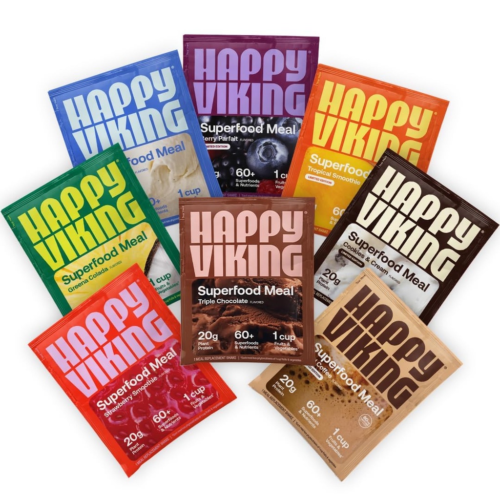 Happy Viking Vaiety Pack Plant Protein Powder, Creado por Venus Williams, 20G Protein, Low Carb, Keto, Vegan, Gluten-Free, Non-GMO, Superfoods, Complete Meal Replacement, 8 Single Serve Packs